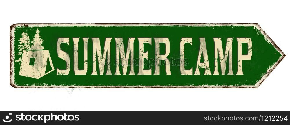 Summer camp vintage rusty metal sign on a white background, vector illustration