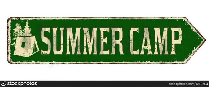Summer camp vintage rusty metal sign on a white background, vector illustration