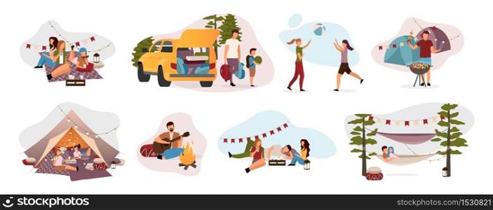 Summer camp visitors flat vector illustrations set. Holidaymakers isolated cartoon characters. Travelers, hikers resting in tent, hammock with campfire. Summertime relax, recreation, countryside trip