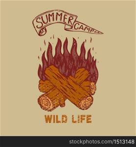 Summer camp. wild life. Vintage design with campfire. For poster, banner, emblem, sign, logo. Vector illustration