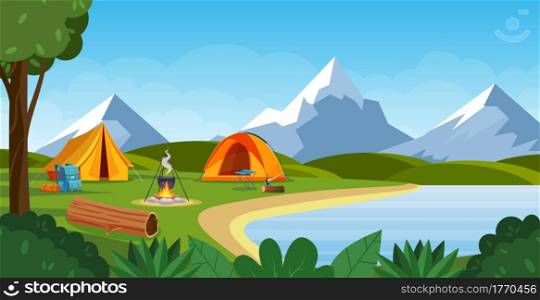 Summer camp with bonfire, tent, backpack . cartoon landscape with mountain, forest and campsite. Equipment for travel, hiking. Vector illustration in flat style. Summer camp with bonfire, tent, backpack