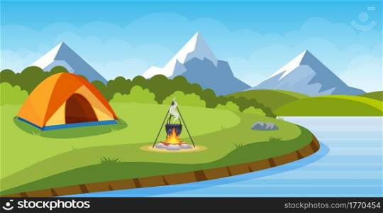 Summer camp with bonfire, tent . cartoon landscape with mountain, forest and campsite. Equipment for travel, hiking. Vector illustration in flat style. Summer camp with bonfire