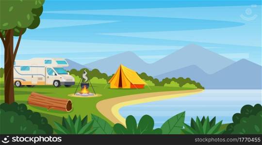 Summer camp with bonfire, tent, van. cartoon landscape with mountain, forest and campsite. Equipment for travel, hiking. Vector illustration in flat style. Summer camp with bonfire, tent,