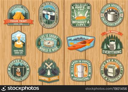 Summer camp with design elements. Vector illustration. Camping and outdoor adventure emblems. Typography design with retro camping tea kettle, pocket knife, camping tent, mug and forest silhouette. Summer camp with design elements. Vector illustration. Camping and outdoor adventure emblems. Typography design with retro camping tea kettle, pocket knife, camping tent, mug and forest silhouette.