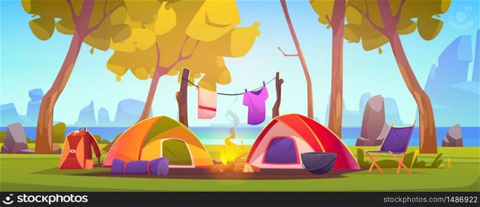 Summer camp with tent, campfire, trees, lake and mountains on background. Vector cartoon landscape of natural parkland, countryside. Picnic on river beach. Summer camp with tent, campfire and lake