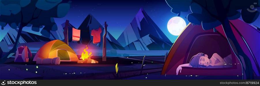 Summer camp with tent with sleeping woman, bonfire and backpack on lake shore at night. Landscape with trees, river, mountains and campsite with girl asleep in tent, vector cartoon illustration. Summer camp with tent with sleeping woman