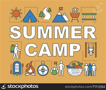 Summer camp word concepts banner. Outdoor activities, country vacation. Hiking and trekking. Presentation, website. Isolated lettering typography idea with linear icons. Vector outline illustration