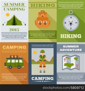 Summer camping and hiking mini poster set isolated vector illustration. Camping Poster Set