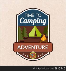 Summer camping emblem with tent fireplace and compass vector illustration. Summer Camping Emblem