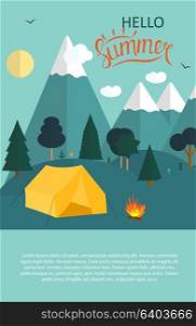 Summer Camping Nature Background in Modern Flat Style with Sample Text. Tourist Tent and Bonfire Against the Background of Mountains and Trees. Vector Illustration EPS10. Summer Camping Nature Background in Modern Flat Style with Sampl