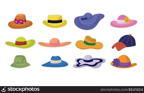 Summer cap or cartoon hat and sunhat set icon. Beach accessory girl and elegant clothes isolated vector illustration. Headdress collection element and headgear with ribbon for sea. Flat head clothing