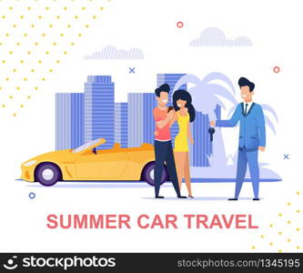 Summer Car Travel and Carsharing Service Banner. Cartoon Young Married Couple Going on Trip. Man and Woman Taking Keys from Agent. Automobile Rent for Vacation. Vector Flat Illustration. Summer Car Travel and Carsharing Service Banner