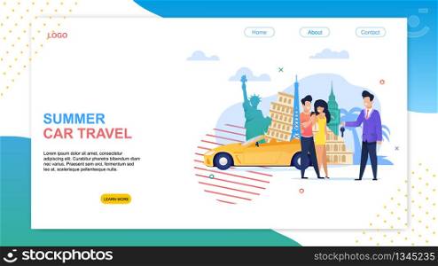 Summer Car Travel. Cartoon Man and Woman in Europe Vacation London Paris Rome Vector Illustration. Agent Client Insurance Contract. Rent Car Online Business, Rental Service. Happy Couple Auto Journey. Summer Car Travel. Cartoon Man and Woman in Europe