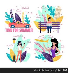 Summer Card Advertising Best Vacation On-The-Job. Travelling Freelancer, Single Woman on Voyage, Couple on Car Trip. Vector Illustration. Flat Banner Template Kit for Travel Agency and Booking Service. Summer Cards Advertising Best Vacation On-The-Job