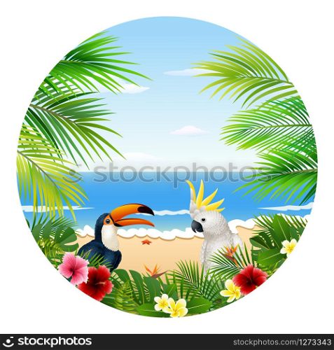 Summer card with tropical plant and bird