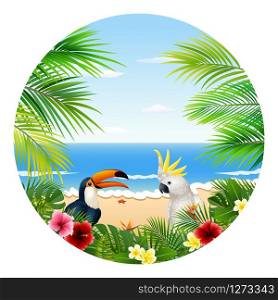 Summer card with tropical plant and bird