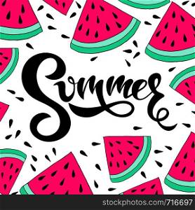 Summer card with watermelon slices. Doodle fresh fruit.