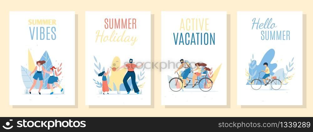 Summer Cards, Mobile Covers, Network Stories Set. Cartoon People, Happy Family Members Spending Spare Time Outdoors. Vector Flat Illustration with Greeting, Welcoming Titles. Ad Banner Pack. Summer Cards, Mobile Covers, Network Stories Set