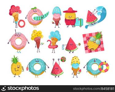 Summer cartoon characters set. Funny ice cream, rubber rings, watermelon slice, pineapple. Vector illustration for swimming pool party, beach activities, fun, vacation, travel concept