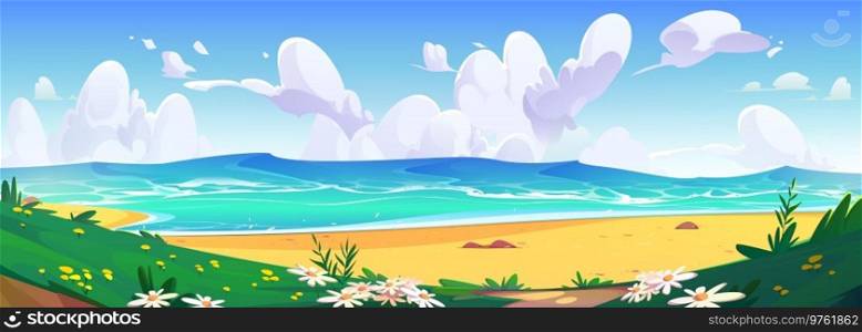 Summer cartoon sand sea beach shore and blue sky vector background. Water on tropical seaside coast with flowers and green grass. Caribbean lagoon beautiful landscape scene panorama banner concept. Summer cartoon sand sea beach shore and blue sky