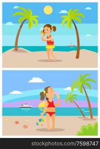 Summer children vector, vacation of kids at beach. Palms and tropicals girl listening to conch seashell noise, child eating ice cream and holding puppet. Summertime Children on Holidays, Summer Beach