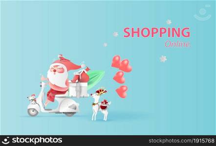 Summer Christmas season concept. Paper cut and craft on blue background. Graphic Santa Claus riding a motorcycle transport gift Vector. Online delivery shopping online banner cover background