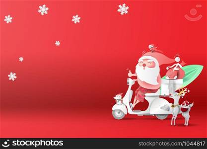 Summer Christmas season.Online shopping your text space background.Santa Claus Delivery services concept.Creative paper cut and craft style for banner.Holiday transport express vector.illustration.