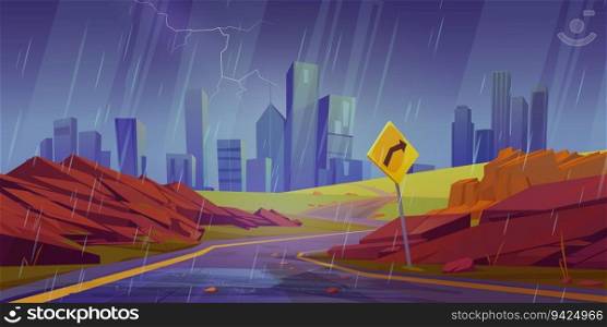 Summer city landscape with curve road and red rock cartoon vector background. Western highway with route to metropolis. Empty urban rainy panorama with turn sign direction to american cityscape. Summer city landscape with curve road, turn sign