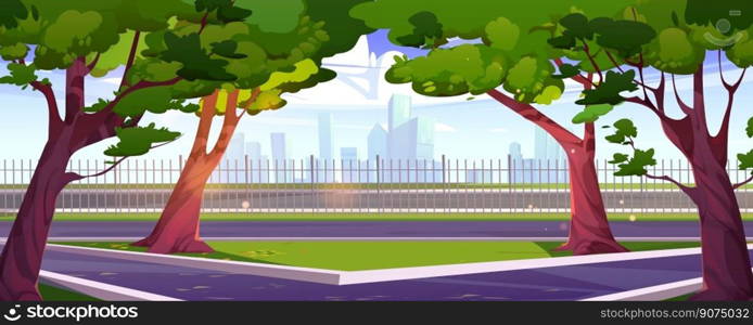 Summer city park landscape background. Cartoon vector skyline scene with road. Ctyscape urban illustration with green trees, asphalt walking paths. Modern architecture perspective view, fence. Summer city landscape, Nobody in town park scene