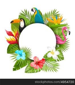 Summer Clean Card With Tropical Plants. Illustration Summer Clean Card With Tropical Plants, Hibiscus, Plumeria, Flamingo, Parrot, Toucan. Exotic Flowers and Animals - Vector