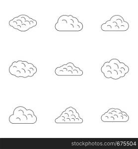 Summer cloud icon set. Outline set of 9 summer cloud vector icons for web isolated on white background. Summer cloud icon set, outline style