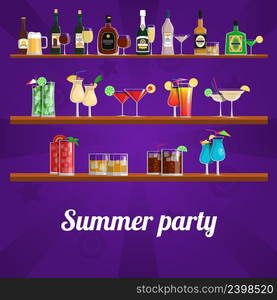 Summer cocktail party concept with drinks and refreshments on shelves vector illustration. Summer Cocktail Party Concept