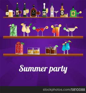 Summer cocktail party concept with drinks and refreshments on shelves vector illustration. Summer Cocktail Party Concept