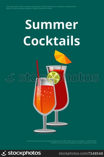 Summer cocktails lemonade in glasses with straw decorated by lemon vector illustration isolated on blue with place for text advertisement poster. Summer Cocktails Lemonade in Glasses with Straw