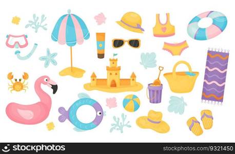 Summer collection. Sand castle, sun umbrella, life buoy, flamingos, ball, beach items and shells, mask with snorkel, crab and swimsuit. Vector illustration in cartoon style. Isolated cute elements