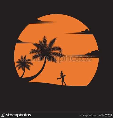 Summer concept. A couple is having fun on the beach of sunset background. business travel greeting card. silhouettes of love on nature and coconut plants. vector illustration flat style