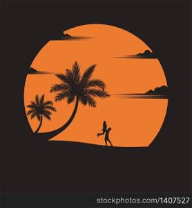 Summer concept. A couple is having fun on the beach of sunset background. business travel greeting card. silhouettes of love on nature and coconut plants. vector illustration flat style