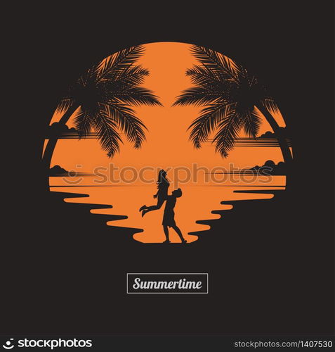 Summer concept. A couple is having fun on the beach of sunset background. business travel greeting card. silhouettes of love on nature and coconut plants. vector illustration flat style