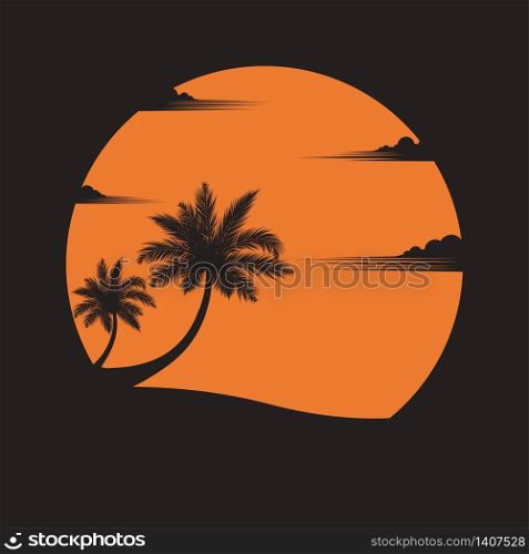Summer concept. coconut trees on the beach of sunset background. business travel. greeting card. silhouettes of nature and coconut plants. landscape. vector illustration flat style
