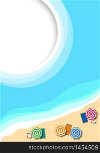 Summer concept, vector background. Beach and sea with umbrella, view from above