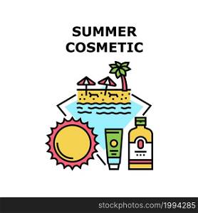 Summer Cosmetic Vector Icon Concept. Sunscreen Cream And Lotion Bottle And Tube Packages, Summer Cosmetic For Skin Care And Protect, Resting Vacation On Sandy Beach Color Illustration. Summer Cosmetic Vector Concept Color Illustration