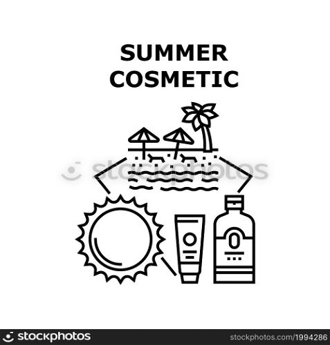 Summer Cosmetic Vector Icon Concept. Sunscreen Cream And Lotion Bottle And Tube Packages, Summer Cosmetic For Skin Care And Protect, Resting Vacation On Sandy Beach Black Illustration. Summer Cosmetic Vector Concept Black Illustration
