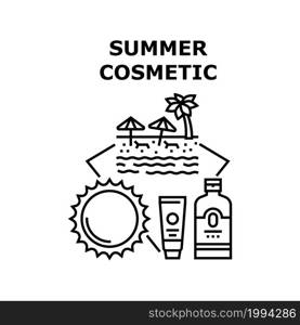 Summer Cosmetic Vector Icon Concept. Sunscreen Cream And Lotion Bottle And Tube Packages, Summer Cosmetic For Skin Care And Protect, Resting Vacation On Sandy Beach Black Illustration. Summer Cosmetic Vector Concept Black Illustration