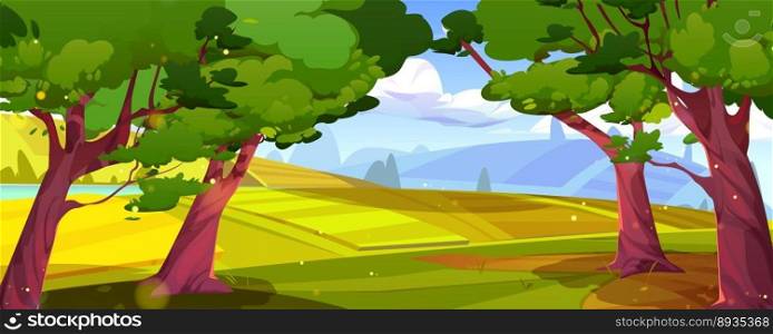Summer countryside landscape with green trees and fields on river banks. Nature scenery, rural land panorama with hills on sunny day, blue sky with white clouds vector cartoon illustration. Summer countryside landscape with trees and fields
