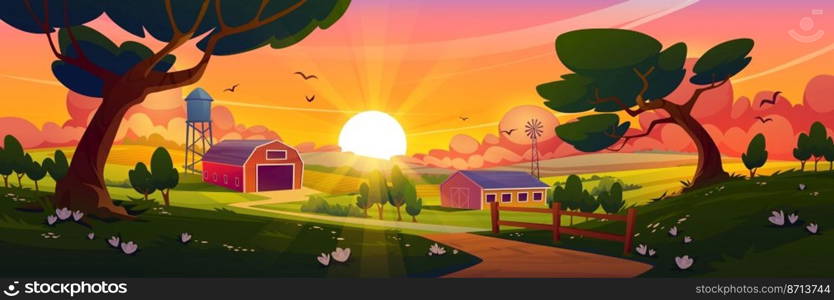 Summer countryside with farm barn, windmill, water tower and agriculture fields at sunset. Vector cartoon illustration of rural landscape of farmland with wooden shed, road and trees. Summer countryside with farm barn, windmill
