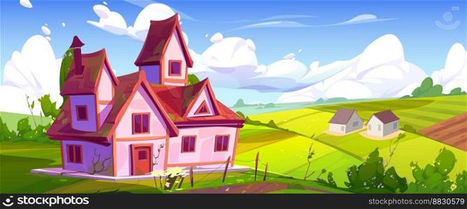 Summer countryside with house, farm buildings, green field under blue sky with white clouds. Vector cartoon illustration of rural landscape, farmland with flowering bushes. Summer countryside house, farm buildings, field