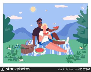 Summer couple picnic flat color vector illustration. African man and caucasian woman eat watermelon. Romantic getaway. Interracial couple 2D cartoon characters with landscape on background. Summer couple picnic flat color vector illustration