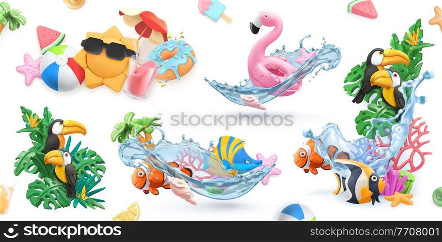 Summer creative icon set. 3d realistic vector high quality objects