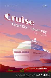 Summer cruise poster with ship in ocean at sunset. Vector flyer with cartoon illustration of tropical sea with passenger cruise liner in harbor and pink evening sky. Summer cruise poster with ship in ocean at sunset