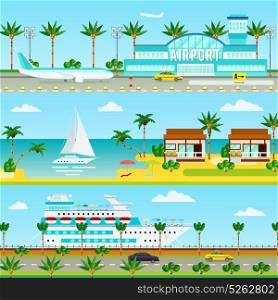 Summer Cruise Vacation Banners. Three banners set with flat compositions of cruise vacation images with tropical palms airport ocean going ship vector illustration